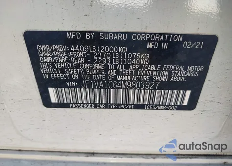 2021 Subaru Wrx Premium from USA, damaged, VIN JF1VA1C64M9803927